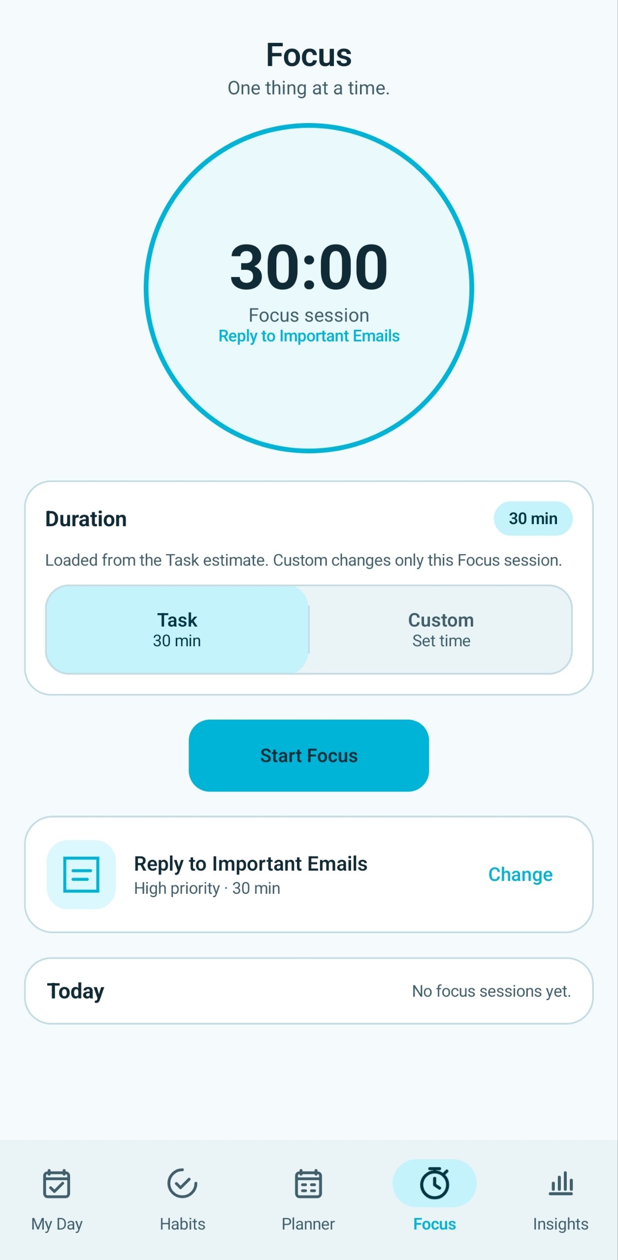 Replan Now focus session screen