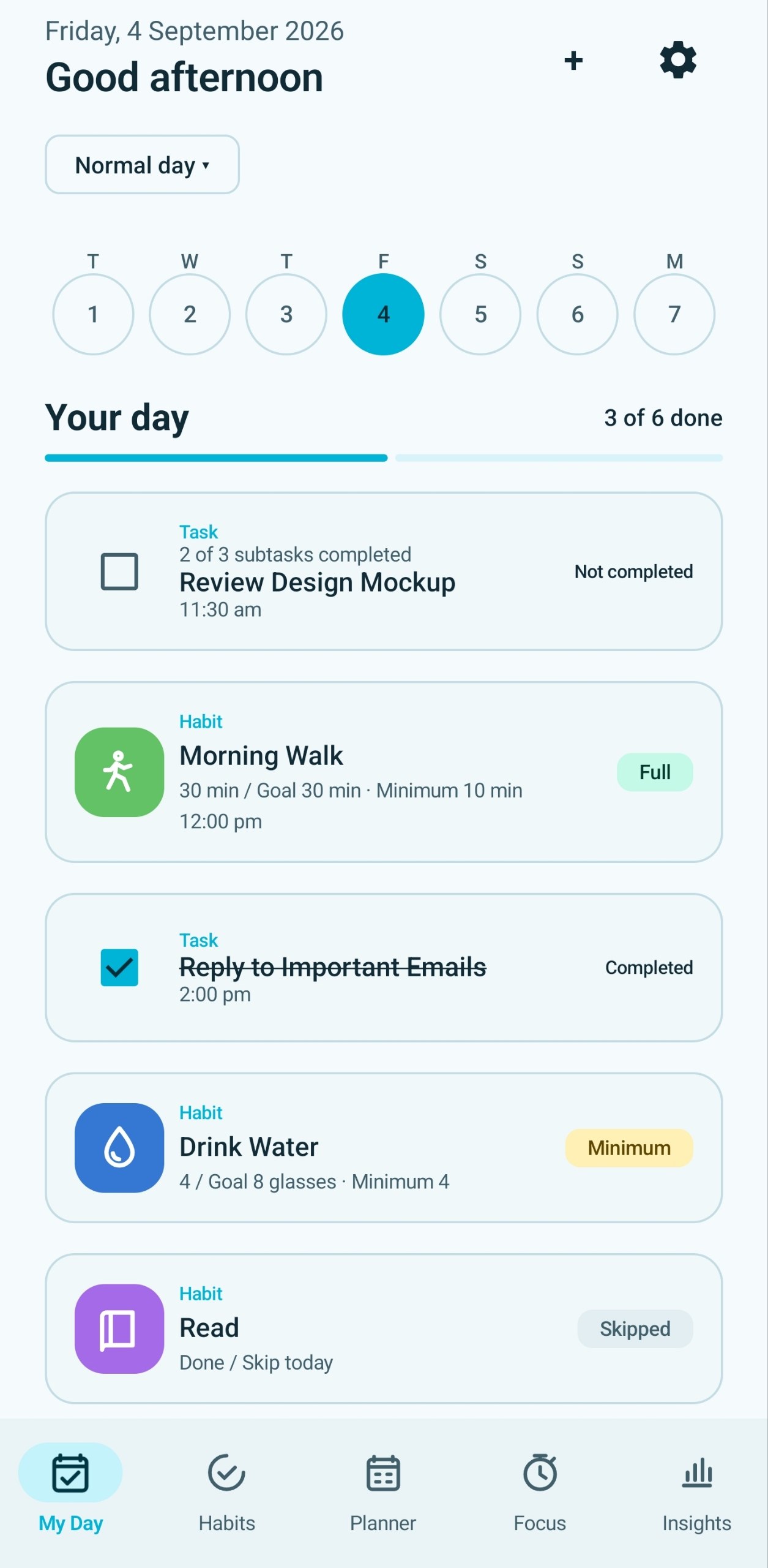 Replan Now My Day screen